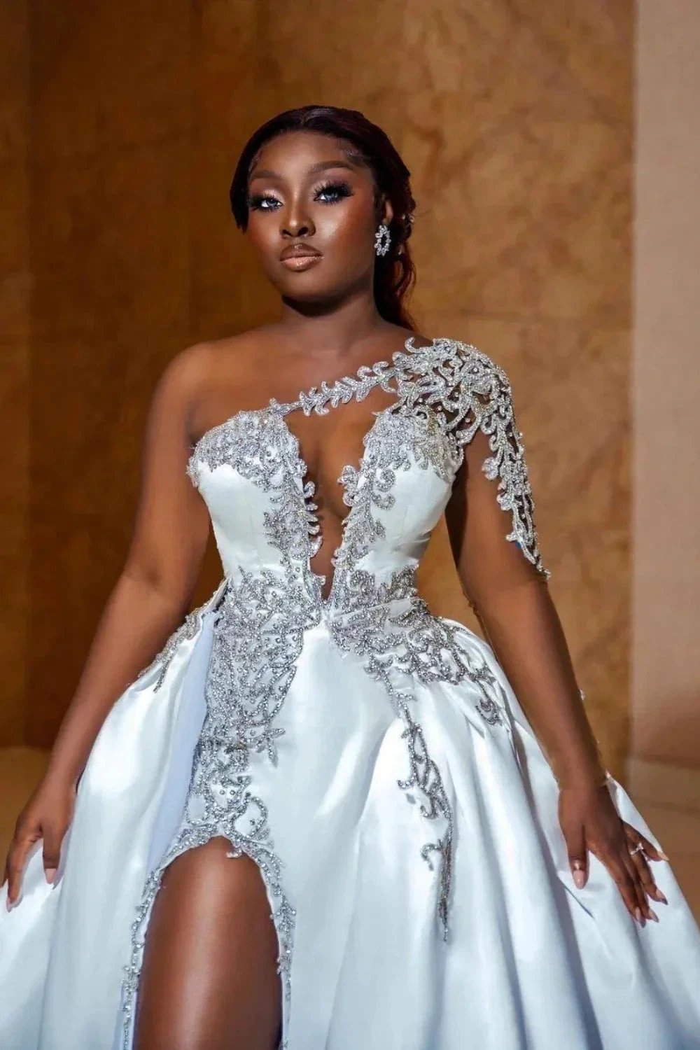 Gorgeous Long A-line Satin One Shoulder Beading Appliques Lace Wedding Dress with Slit by BIZTUNNEL