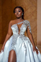 Gorgeous Long A-line Satin One Shoulder Beading Appliques Lace Wedding Dress with Slit by BIZTUNNEL