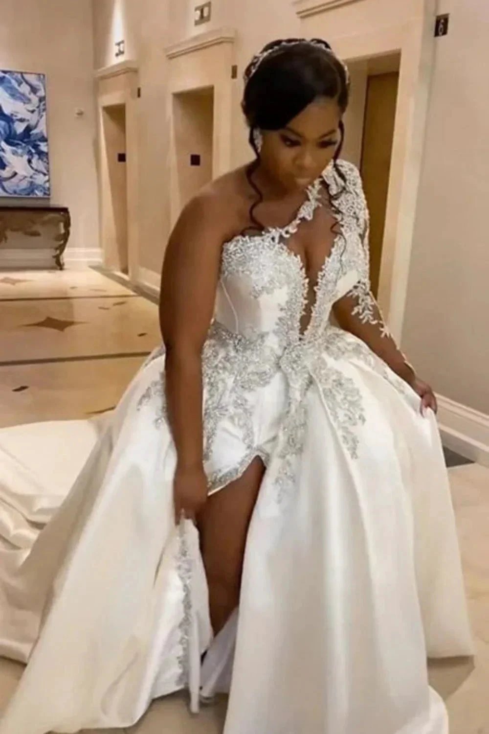Gorgeous Long A-line Satin One Shoulder Beading Appliques Lace Wedding Dress with Slit by BIZTUNNEL