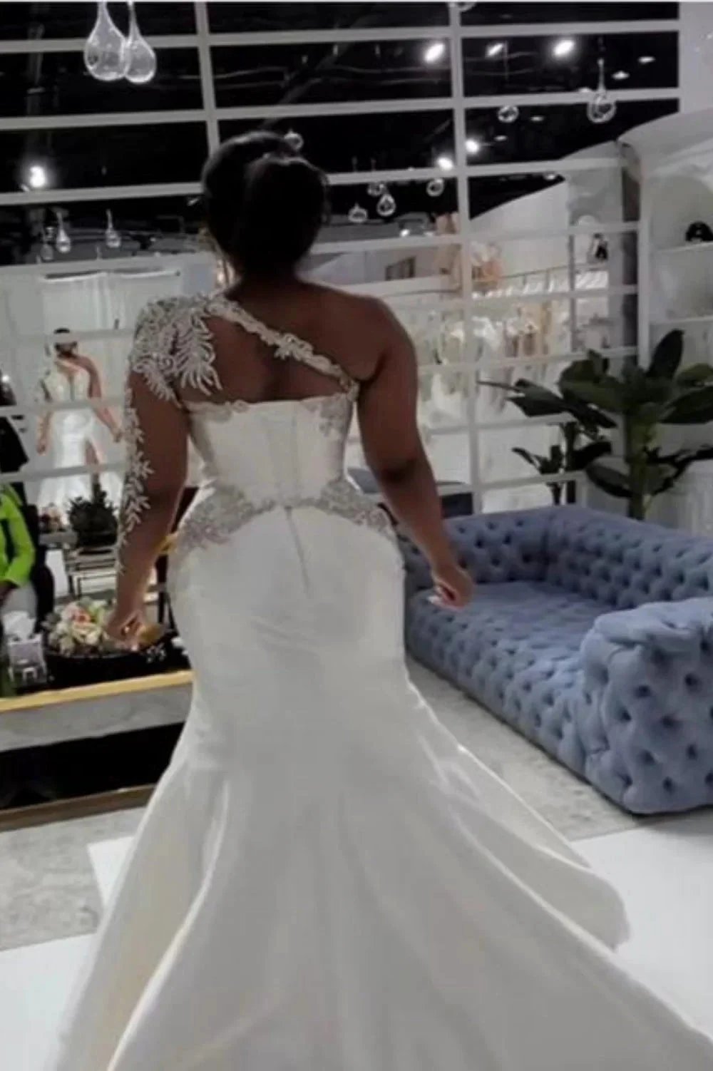 Gorgeous Long A-line Satin One Shoulder Beading Appliques Lace Wedding Dress with Slit by BIZTUNNEL