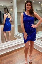 Gorgeous Short Column One Shoulder Sleeveless Sequined Satin Homecoming Dress by misshow.com