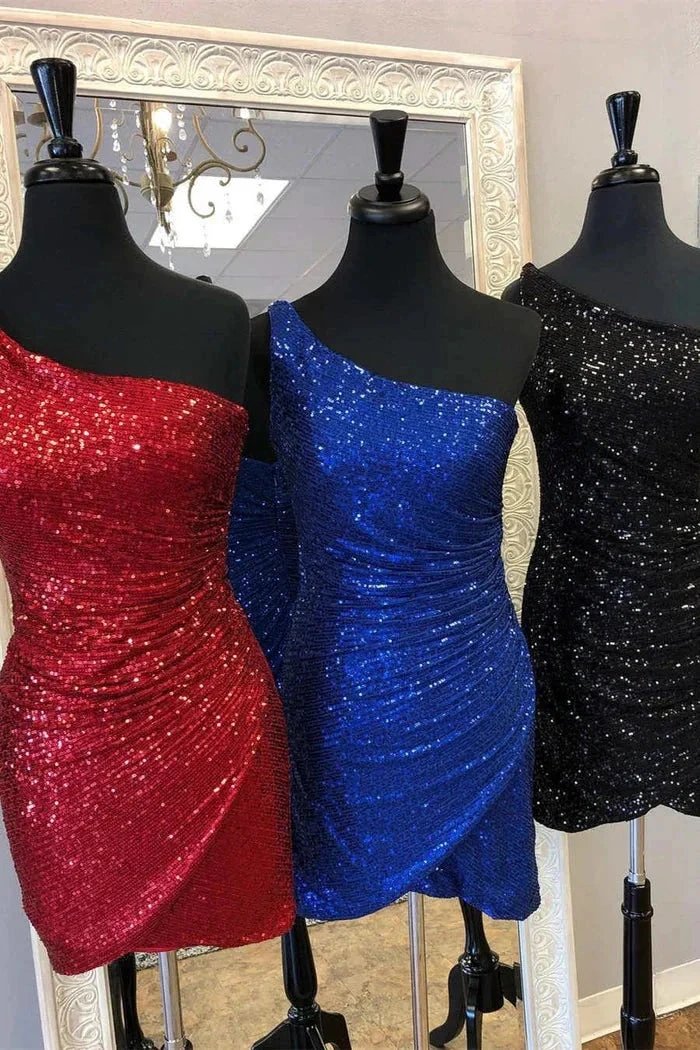 Gorgeous Short Column One Shoulder Sleeveless Sequined Satin Homecoming Dress by misshow.com