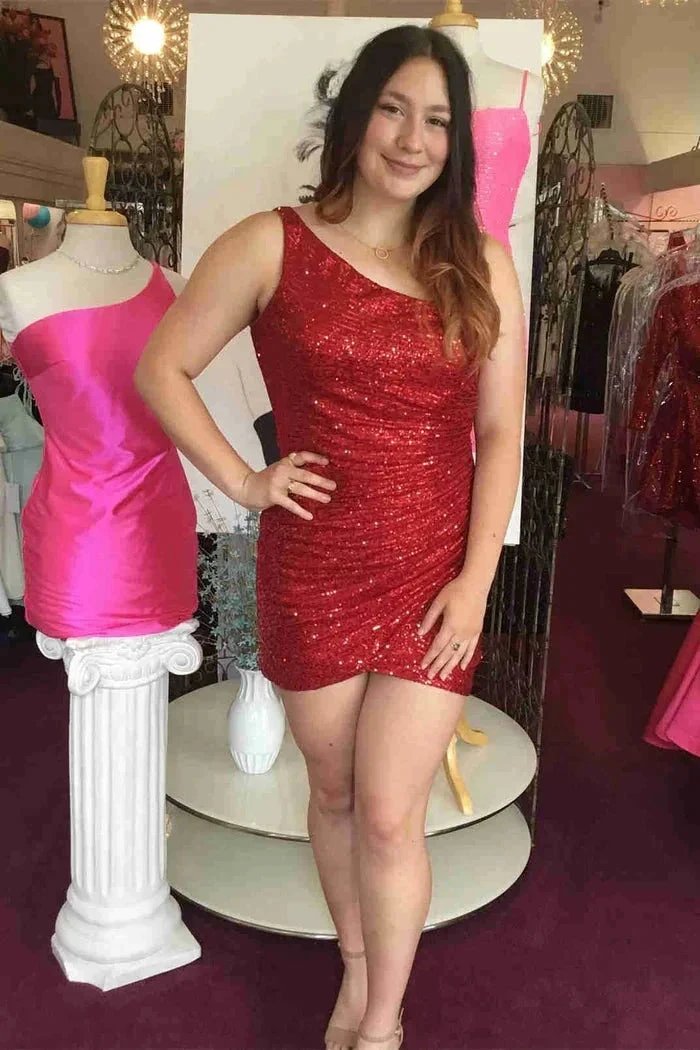Gorgeous Short Column One Shoulder Sleeveless Sequined Satin Homecoming Dress by misshow.com