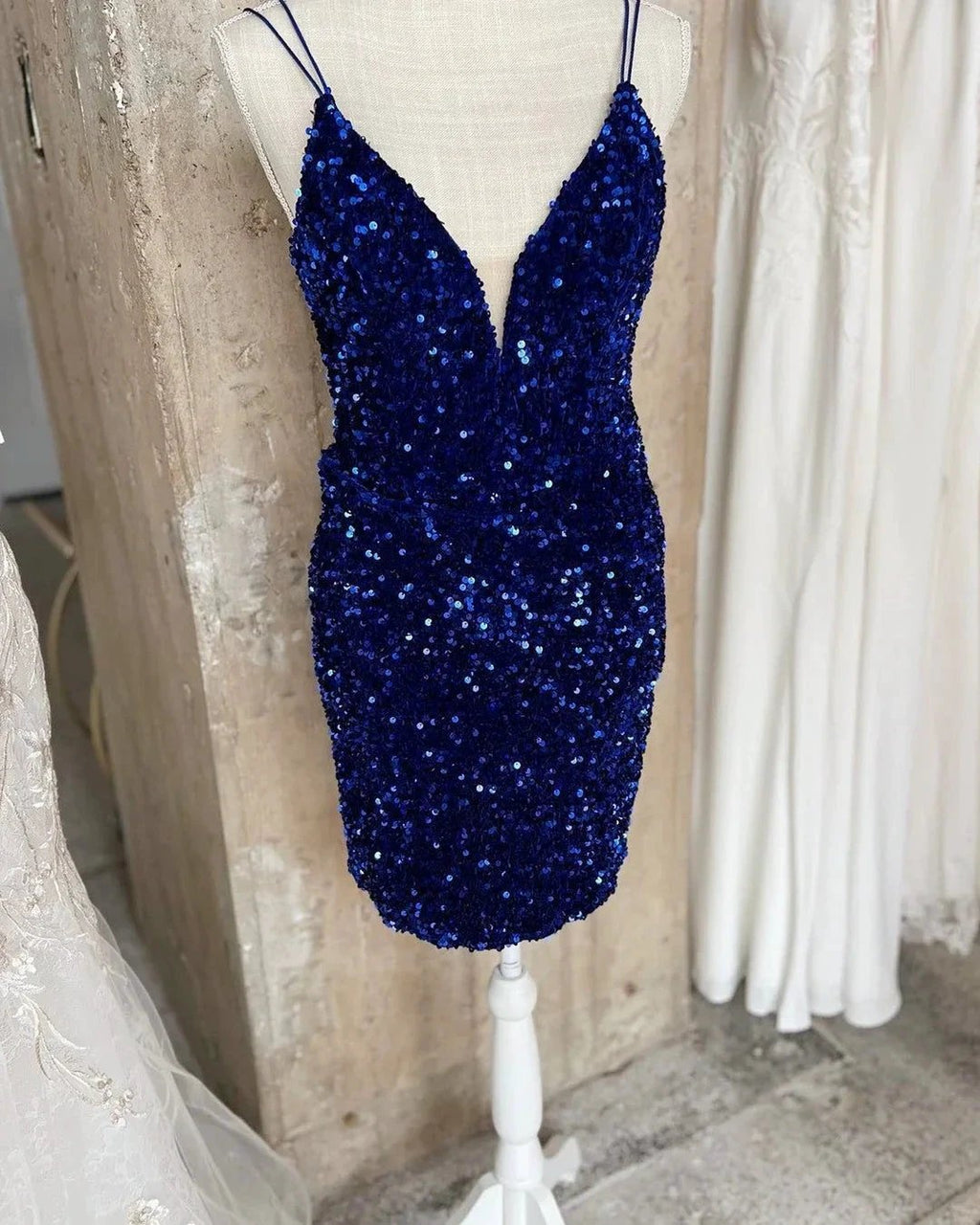 Gorgeous Short Sequined Spaghetti Straps V-neck Tight Homecoming Dress by misshow.com
