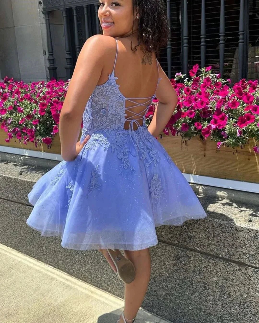 Gorgeous Short Spaghetti straps Lace Glitter Sleeveless Homecoming Dress by misshow.com