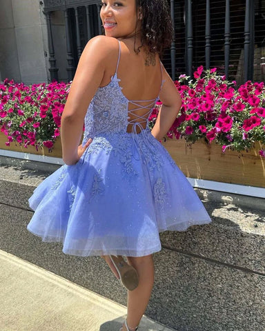 Gorgeous Short Spaghetti straps Lace Glitter Sleeveless Homecoming Dress
