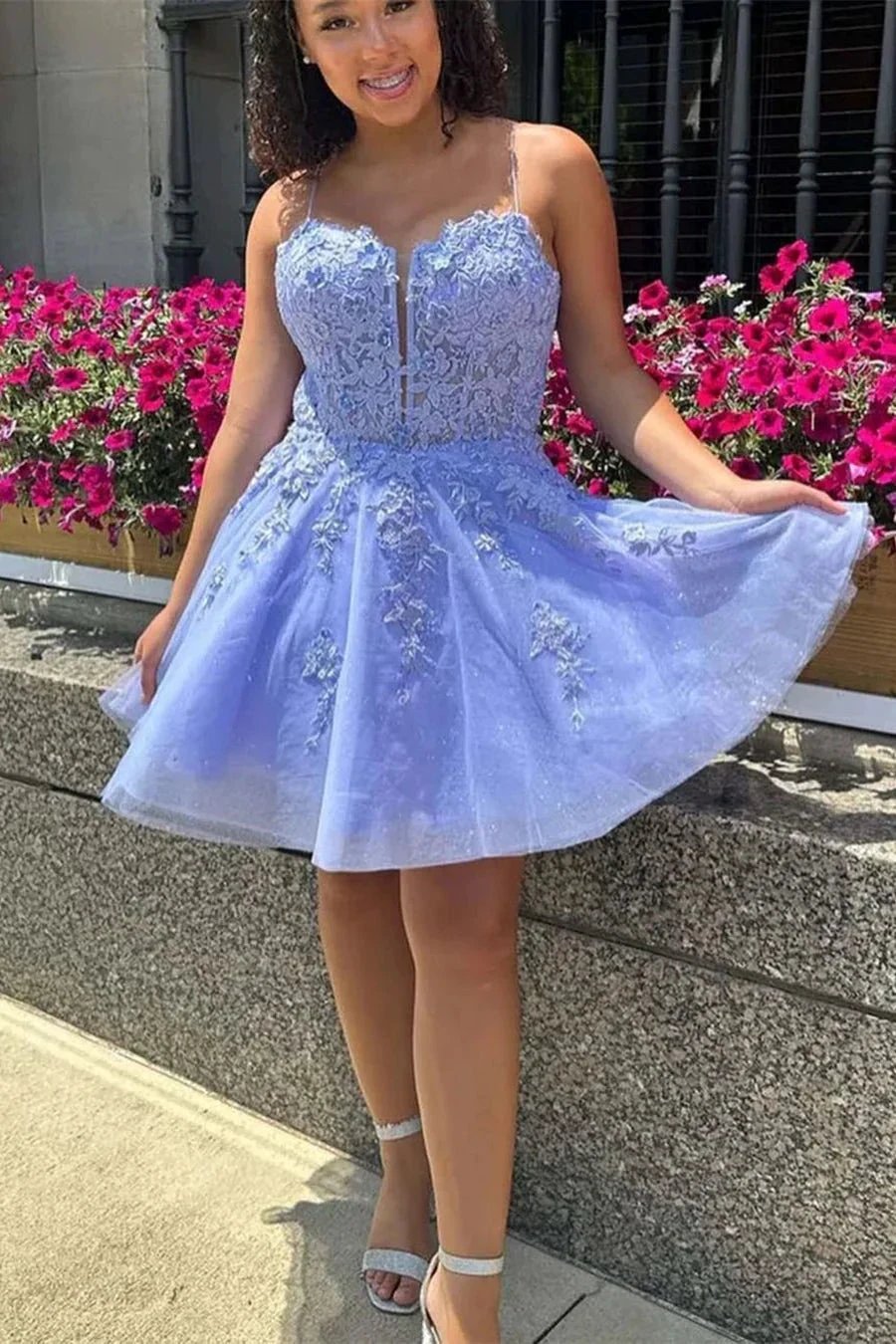 Gorgeous Short Spaghetti straps Lace Glitter Sleeveless Homecoming Dress by misshow.com
