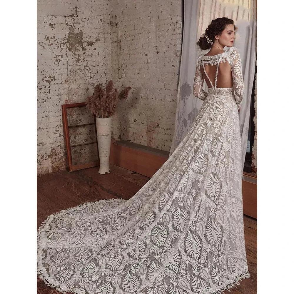 Gorgeous Spaghetti Strap Wedding Dresses Lace Bohemian Deep V-Neck Open Back Illusion Bridal Gowns свадебный наряд Robe De by payinti