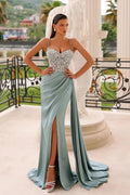 Green A-line Spaghetti Straps Satin Long Prom Dresses With Split Front by BIZTUNNEL