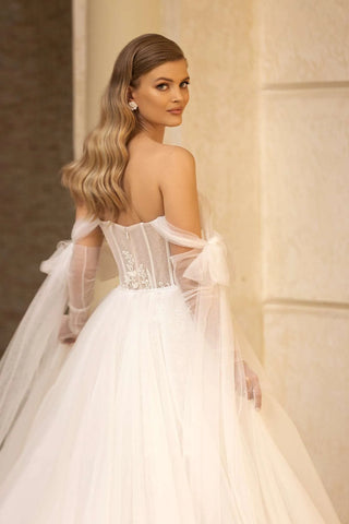 Gorgeous Strapless Detachable Train Lace Appliques V-Neck Wedding Dress Elegant Floral Pattern Tulle Robe De Mariée