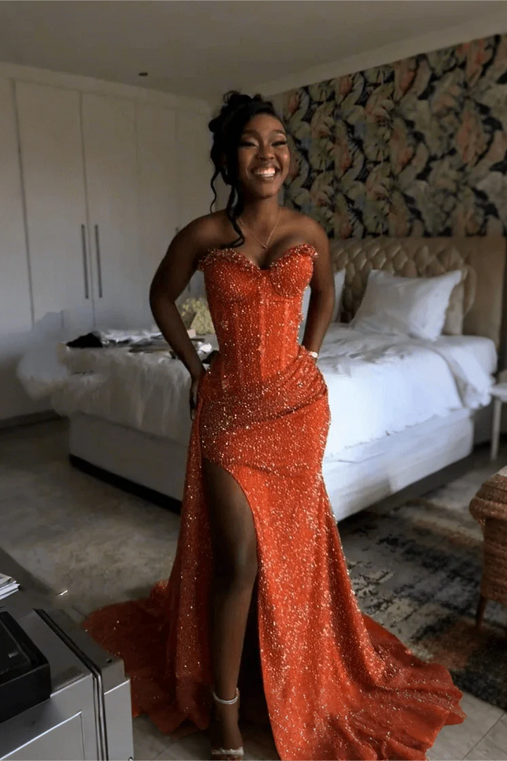 Glitter Strapless Mermaid Sequined Long Prom Dress with Slit