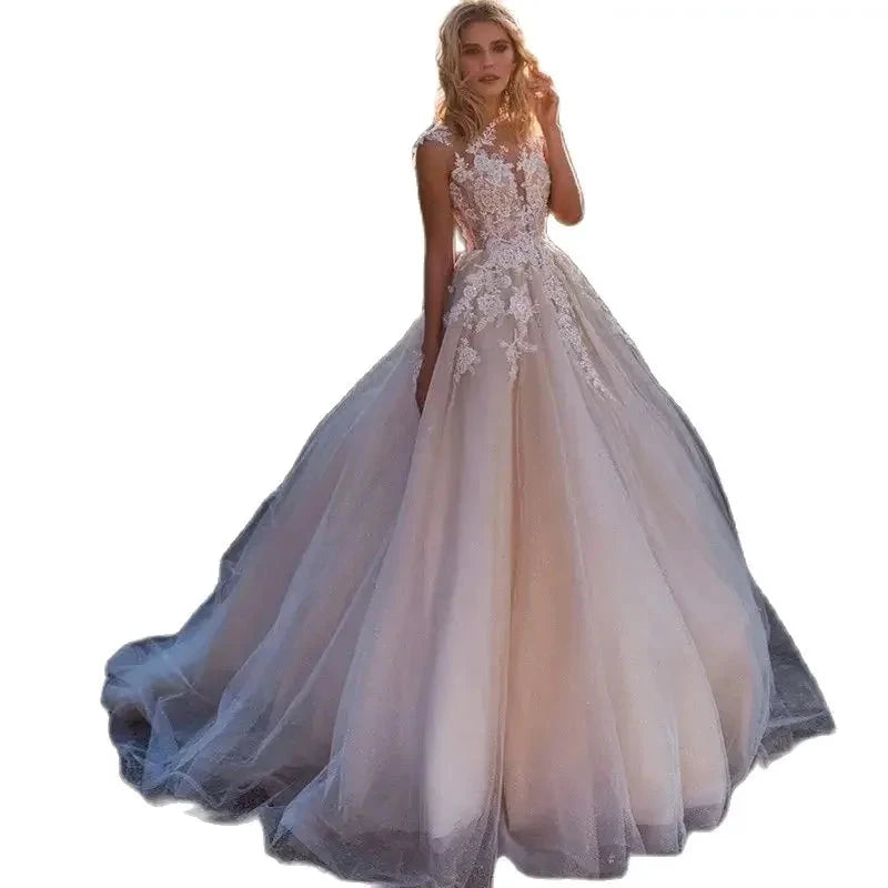 Gorgeous White Tulle O-Neck Sleeveless Decal Luxury Pearl Embroidery Button A-line Floor-Length Bridal Ball Dress by payinti