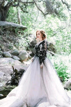 Gorgeous A-line V neck Long Sleeve Black Lace Wedding Dress Bridal Gown WD485 by pgmdress