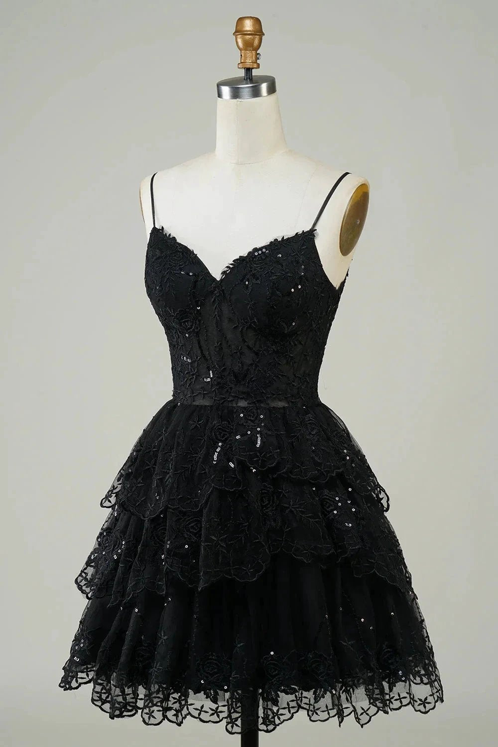 Cute Black A Line Sparkly Sequin Tiered Corset Short Homecoming Dress by WEDTREND