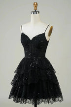 Cute Black A Line Sparkly Sequin Tiered Corset Short Homecoming Dress by WEDTREND