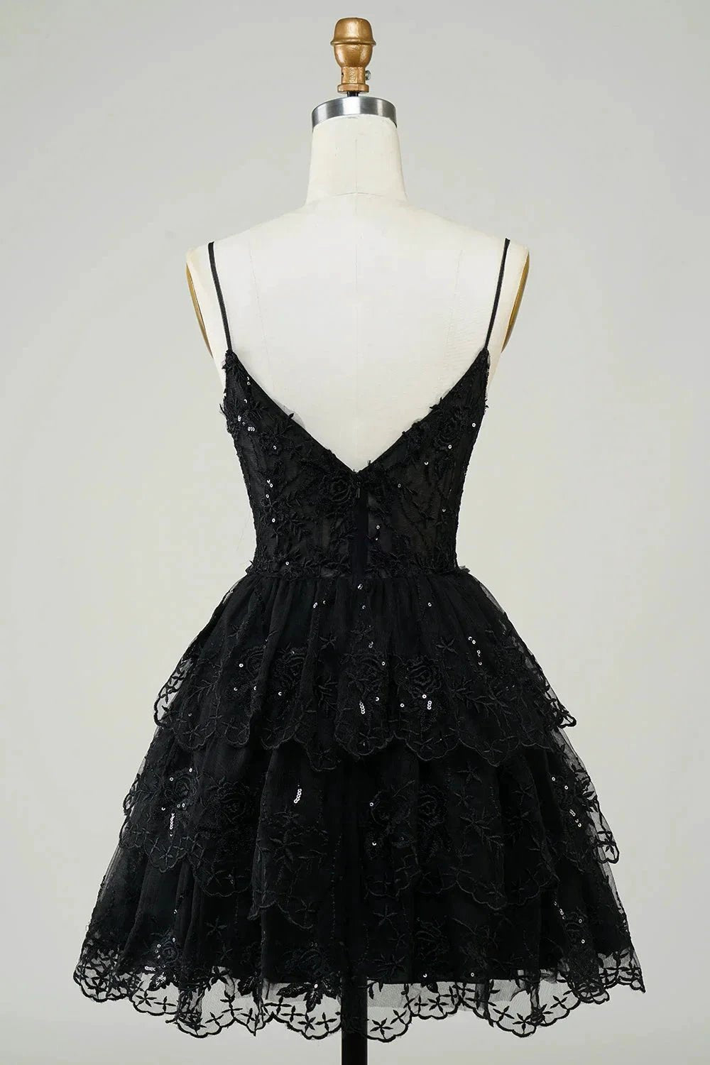 Cute Black A Line Sparkly Sequin Tiered Corset Short Homecoming Dress by WEDTREND