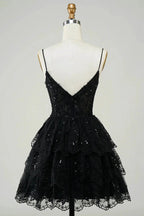 Cute Black A Line Sparkly Sequin Tiered Corset Short Homecoming Dress by WEDTREND