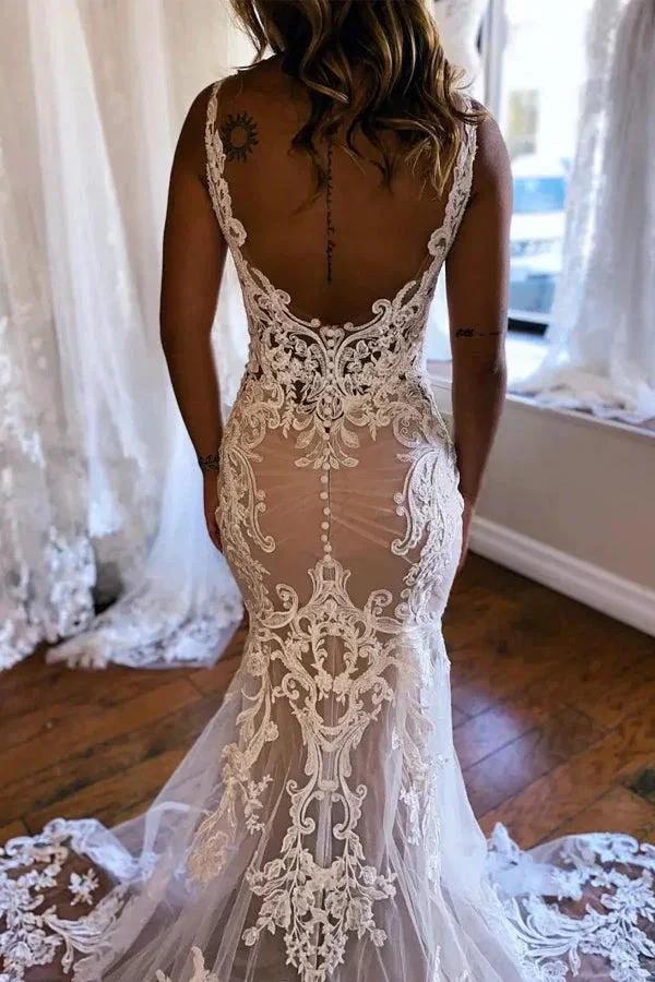 Gorgeous Mermaid Champagne Wedding Dress With Appliques WD732 by pgmdress