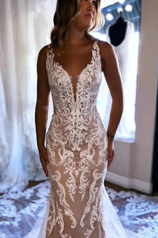 Gorgeous Mermaid Champagne Wedding Dress With Appliques WD732 by pgmdress