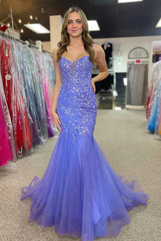 Wunderschönes langes Ballkleid in Lila mit Meerjungfrauen-Trägern und Applikationen PSK501