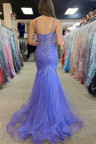 Wunderschönes langes Ballkleid in Lila mit Meerjungfrauen-Trägern und Applikationen PSK501