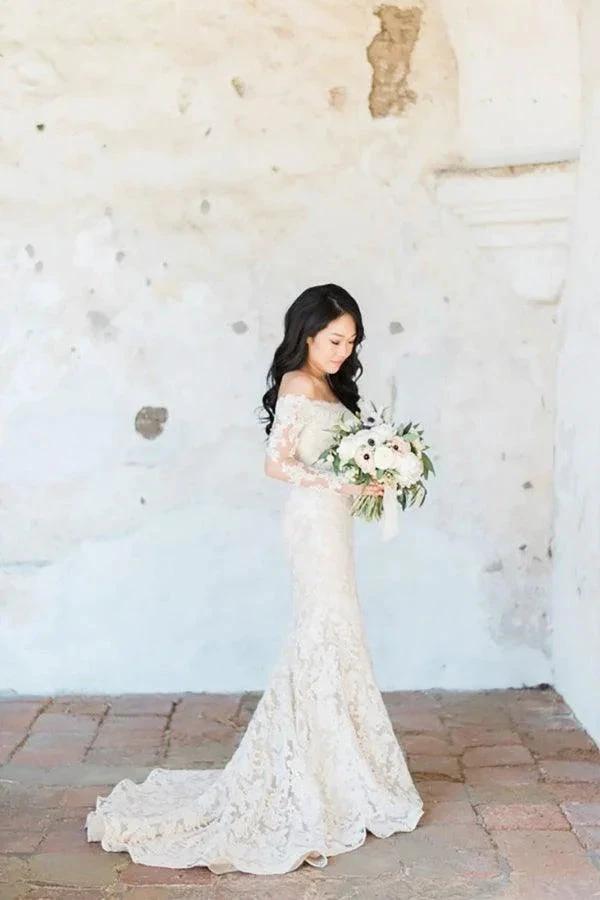 Gorgeous Off Shoulder Ivory Lace Long Sleeves Mermaid Wedding Dress WD119 by pgmdress