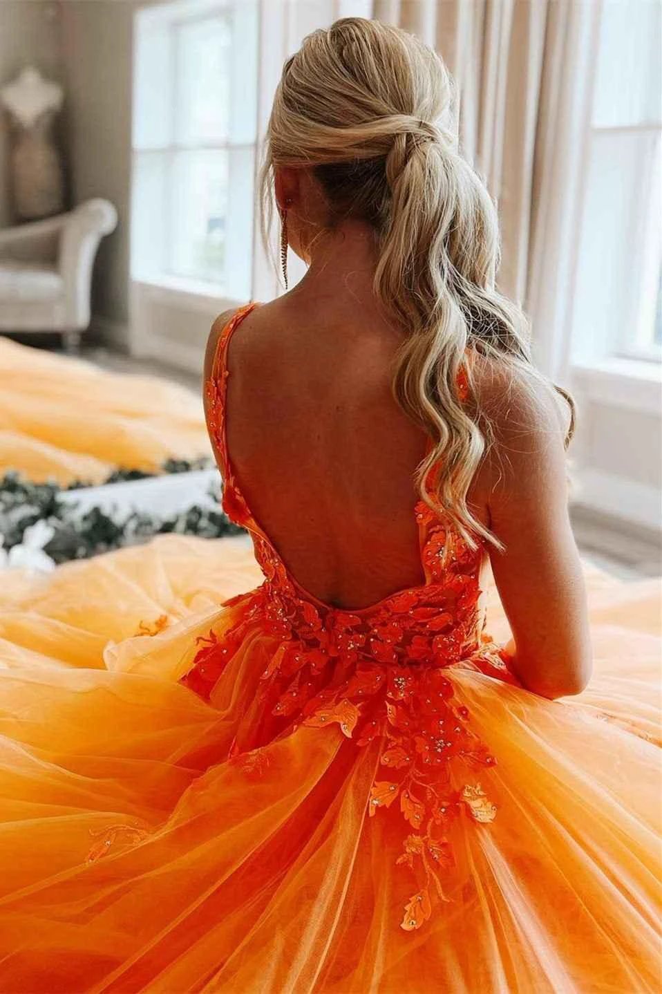 Gorgeous Orange V-Neck Floral Tulle Long Prom Dress PSK360 by pgmdress