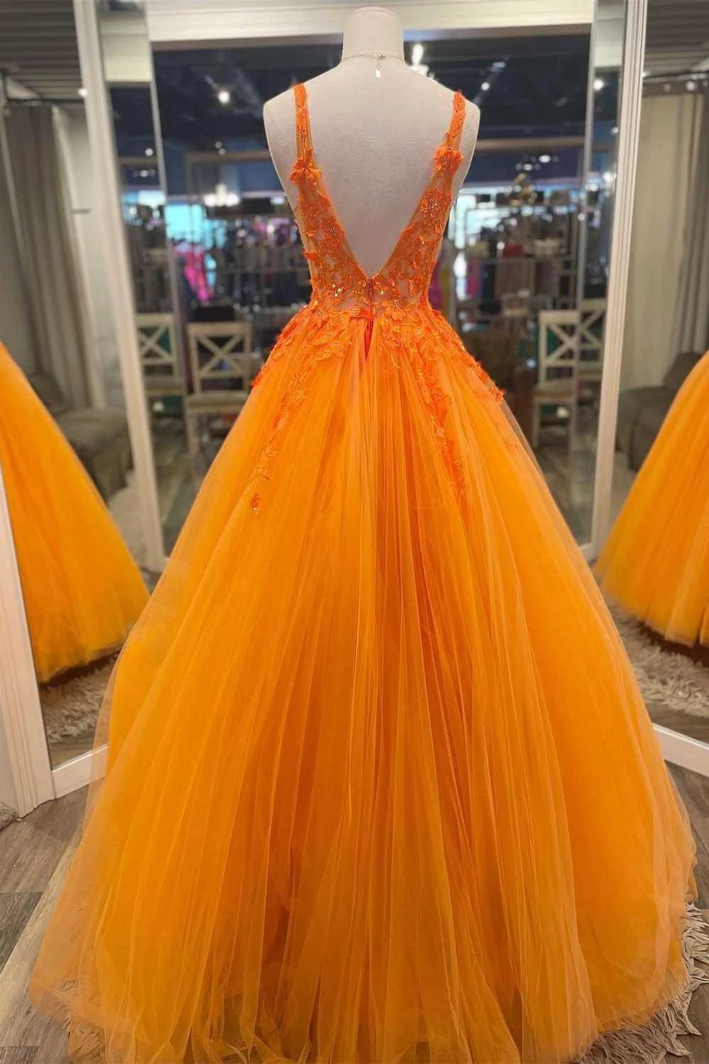 Gorgeous Orange V-Neck Floral Tulle Long Prom Dress PSK360 by pgmdress