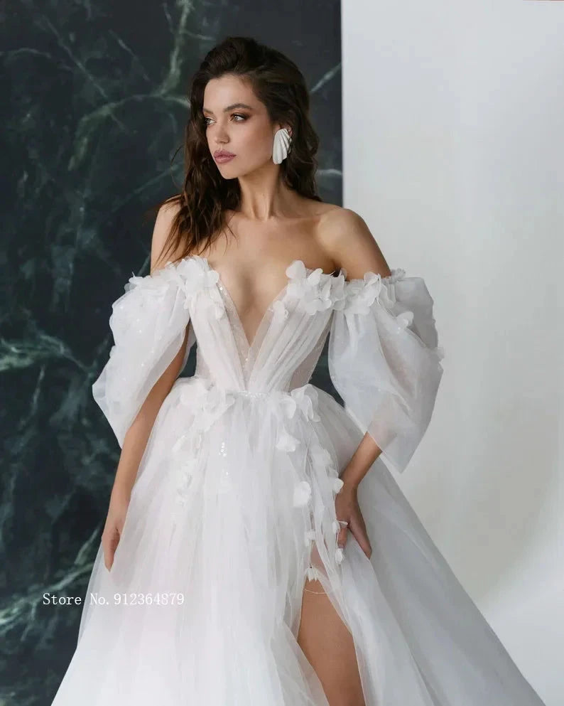 Graceful Hot Sale 3D FlowerWedding Dresses with Detachable Sleeves Wedding Gowns Sweetheart Bridal Dresses Open Back Appliqued by payinti