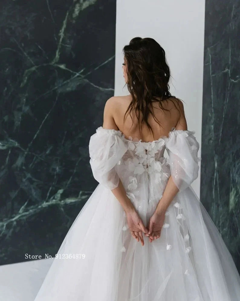 Graceful Hot Sale 3D FlowerWedding Dresses with Detachable Sleeves Wedding Gowns Sweetheart Bridal Dresses Open Back Appliqued by payinti
