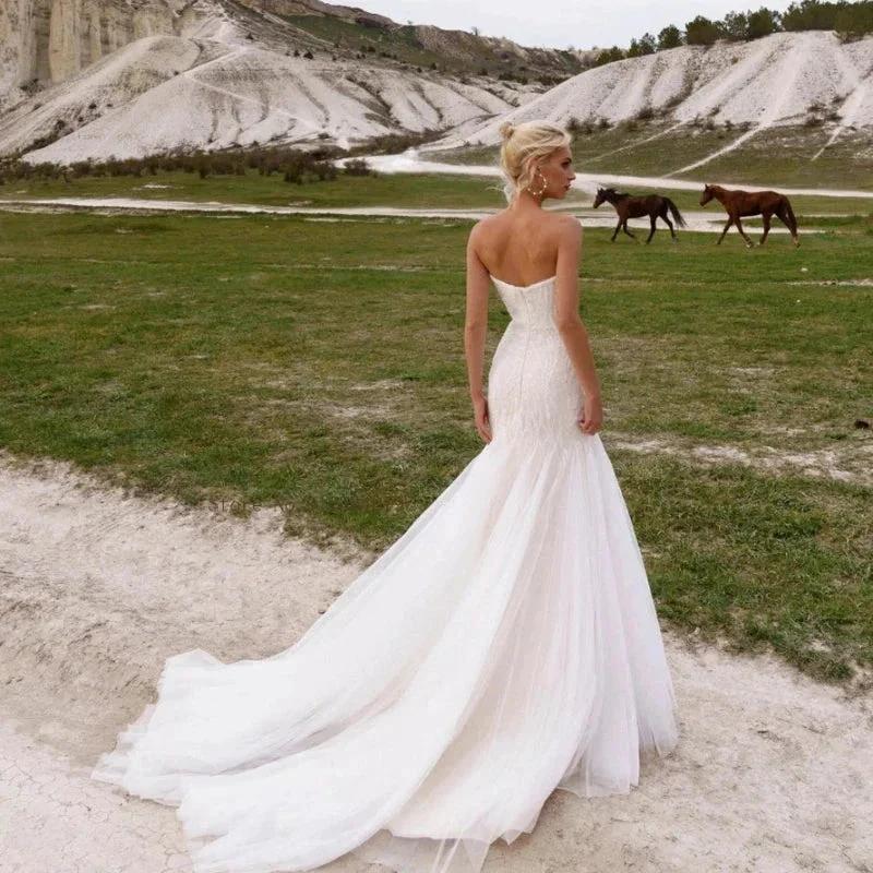 Graceful Sweetheart Wedding Dresses For Women Mermaid Strapless Beach Sequins Bridal Gown Sleeveless Court Train Robe De Mariée by payinti