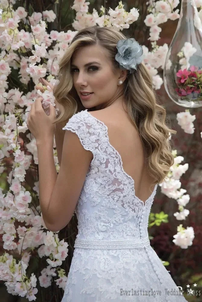Graceful Tulle & Lace V-neck Neckline A-line Wedding Dresses With Appliques & Beadings Sash Bridal Grown Vestido De by payinti