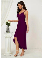 Numbersea Spaghetti Chiffon V Neck Bridesmaid Dress Mid-Length Slit Formal Prom Dress Homecoming Dress 2803 by numbersea