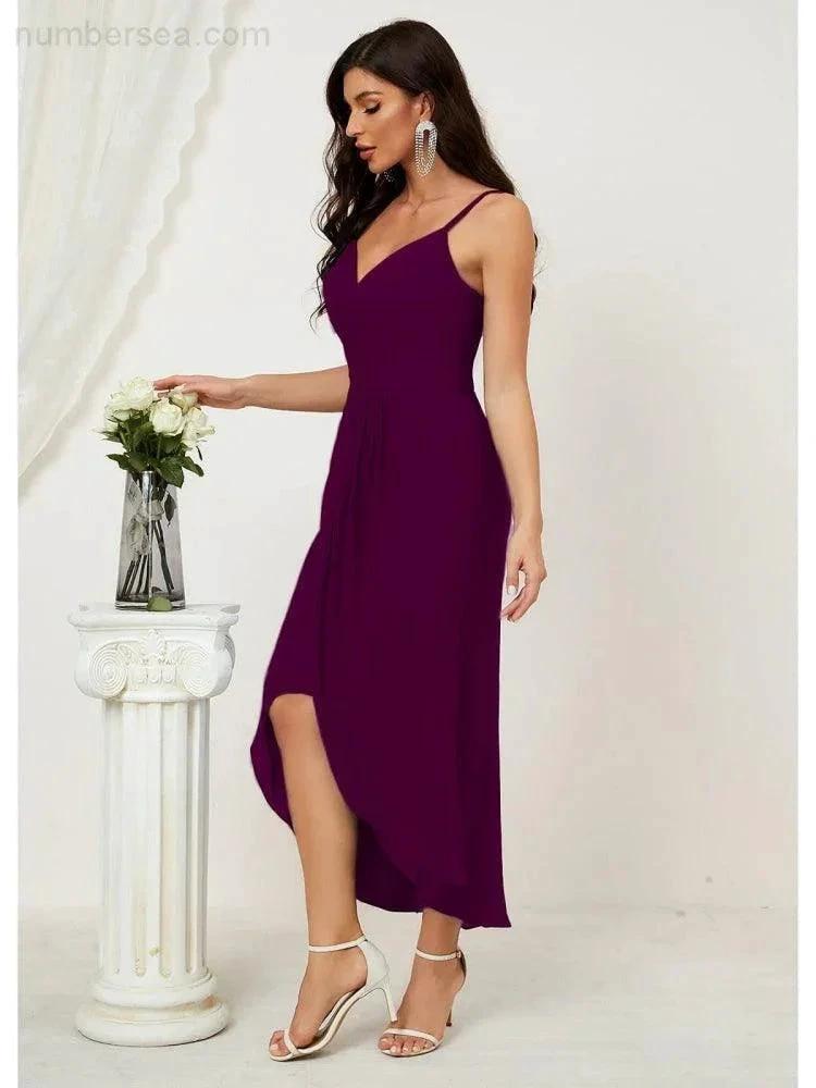 Numbersea Spaghetti Chiffon V Neck Bridesmaid Dress Mid-Length Slit Formal Prom Dress Homecoming Dress 2803 by numbersea
