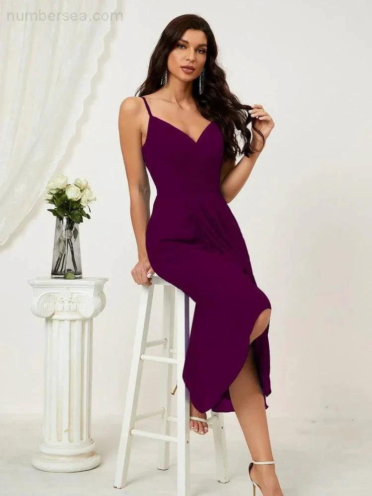 Numbersea Spaghetti Chiffon V Neck Bridesmaid Dress Mid-Length Slit Formal Prom Dress Homecoming Dress 2803 by numbersea