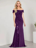 A-Line Off the Shoulder Floor-Length Mother of the Bride Dress Applique Beadings Mermaid Dress With High Split by Dreamylily