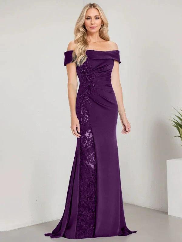 A-Line Off the Shoulder Floor-Length Mother of the Bride Dress Applique Beadings Mermaid Dress With High Split by Dreamylily