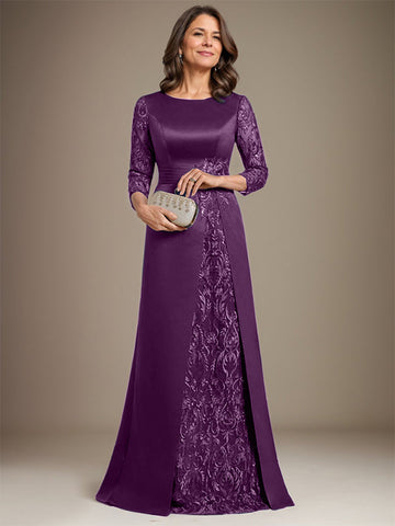 A-Linie U-Ausschnitt Bodenlang Spitze Satin Kleid für die Brautmutter mit Applikation 