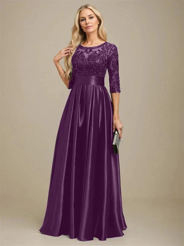 A-line Scoop Illusion Floor-Length Stretch Satin Lace Mother of the Bride Dress With Bow Sequins by Dreamylily