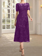 A-line Scoop Illusion Tea-Length Lace Mother of the Bride Dress With Sequins by Dreamylily
