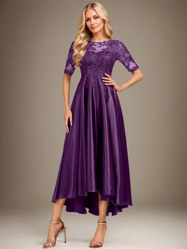 A-line Scoop Illusion Asymmetrical Stretch Satin Lace Mother of the Bride Dress With Sequins by Dreamylily