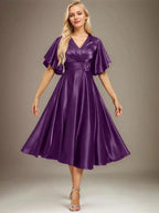 A-line V-Neck Tea-Length Stretch Satin Mother of the Bride Dress With Beading Pleated by Dreamylily