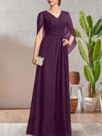 Dark Navy A-Line V-Neck Long Mother of Bride Dress by Dreamylily