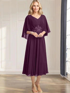 A-line V-Neck Tea-Length Chiffon Mother of the Bride Dress With Pleated Sequins Appliques Lace Beadind by Dreamylily