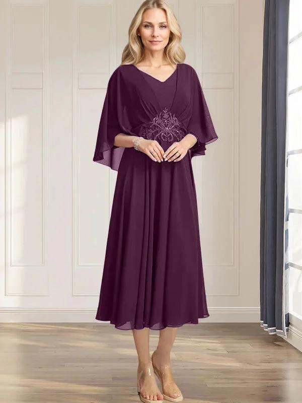 A-line V-Neck Tea-Length Chiffon Mother of the Bride Dress With Pleated Sequins Appliques Lace Beadind by Dreamylily