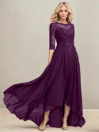 A-line Scoop Illusion Asymmetrical Lace Chiffon Mother of the Bride Dress With Pleated Sequins by Dreamylily