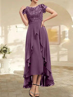 A-line Scoop Illusion Asymmetrical Chiffon Lace Mother of the Bride Dress With Bow Ruffle Sequins by Dreamylily