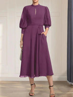 A-line High Neck Tea-Length Lace Chiffon Mother of the Bride Dress With Bow by Dreamylily