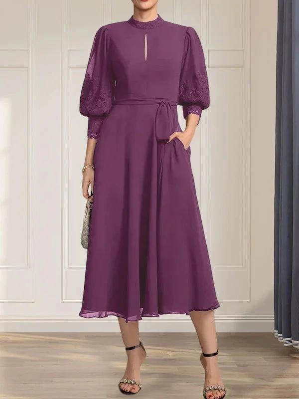 A-line High Neck Tea-Length Lace Chiffon Mother of the Bride Dress With Bow by Dreamylily