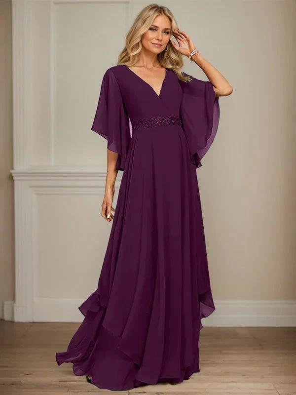 A-line V-Neck Floor-Length Chiffon Mother of the Bride Dress With Sequins Appliques Lace Beading by Dreamylily